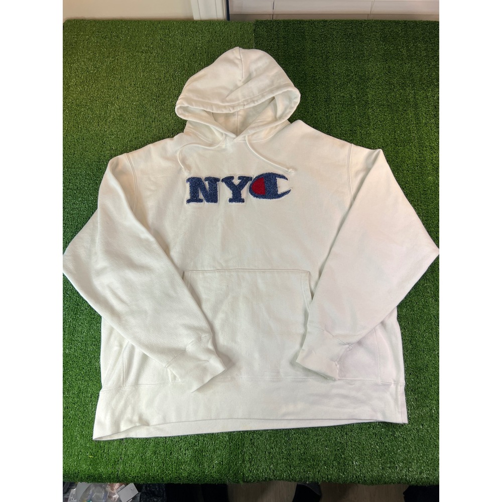 Champion‎ NYC Hoodie White Pullover Long Sleeve Puffy Logo Men's XXL Heavy Baggy